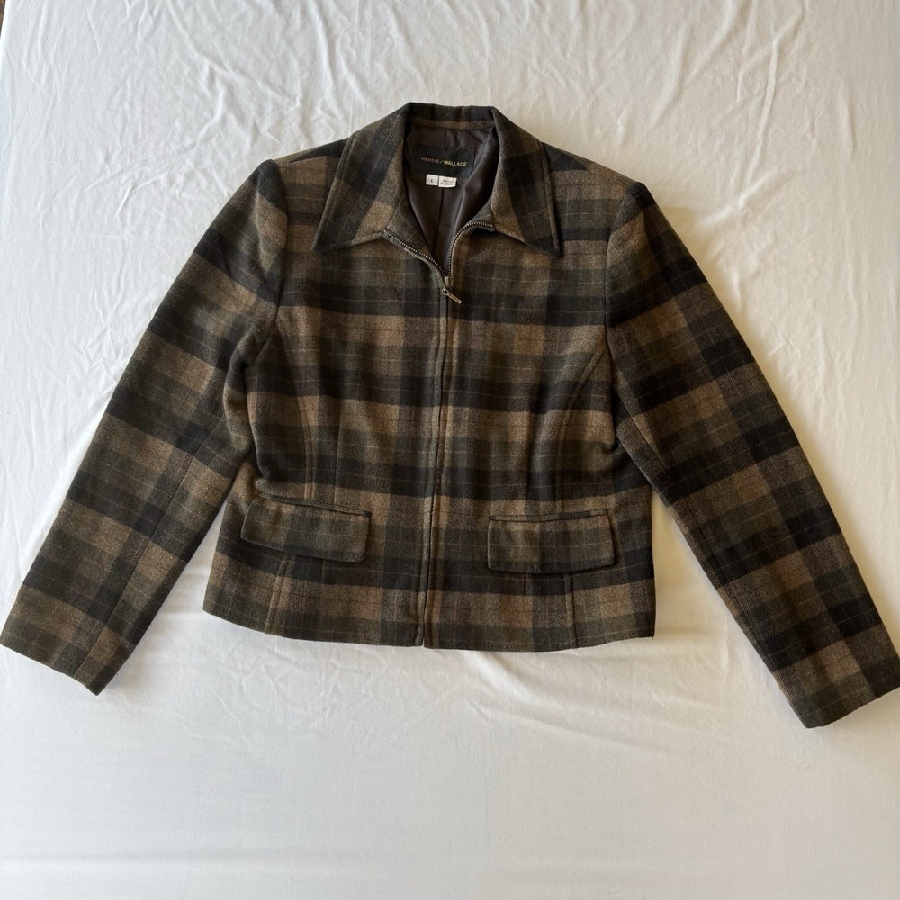 Harris / Wallace Vintage Plaid Wool Blend Zip Up‎ Jacket Large Brown